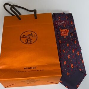 Hermes Navy and Orange Patterned Tie